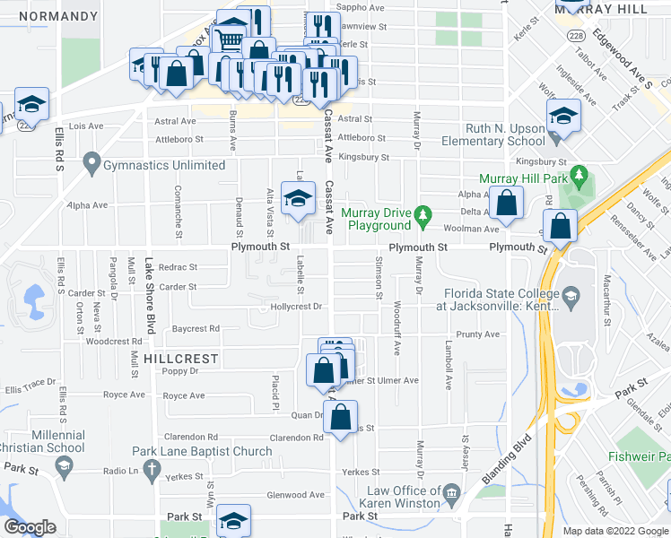 map of restaurants, bars, coffee shops, grocery stores, and more near 1249 Cassat Avenue in Jacksonville