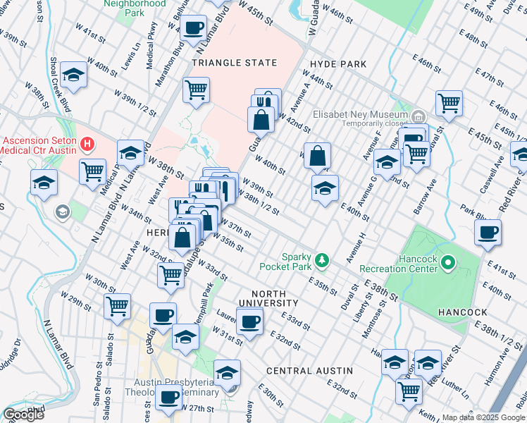 map of restaurants, bars, coffee shops, grocery stores, and more near 305 West 38th Street in Austin