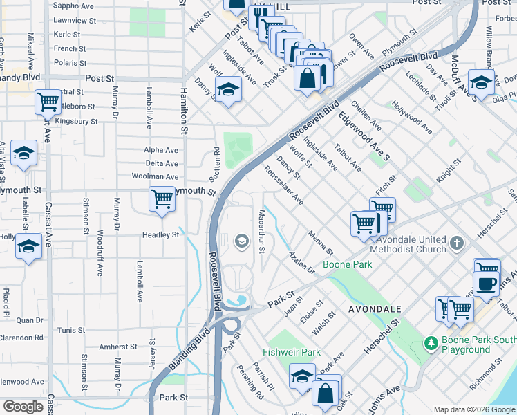 map of restaurants, bars, coffee shops, grocery stores, and more near 1291 Macarthur Street in Jacksonville