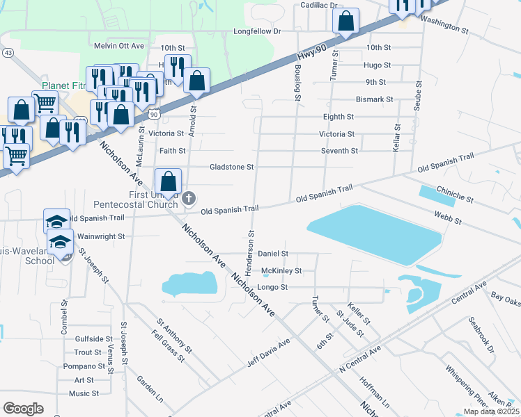 map of restaurants, bars, coffee shops, grocery stores, and more near 111 Old Spanish Trail in Waveland