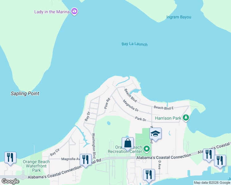 map of restaurants, bars, coffee shops, grocery stores, and more near 5290 Pine Road in Orange Beach