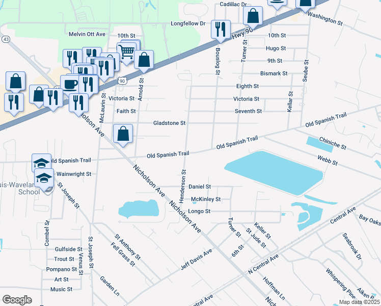 map of restaurants, bars, coffee shops, grocery stores, and more near 103 Old Spanish Trail in Waveland