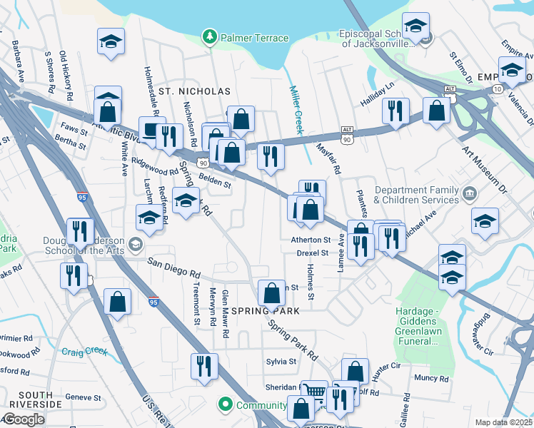 map of restaurants, bars, coffee shops, grocery stores, and more near 2065 Camden Avenue in Jacksonville