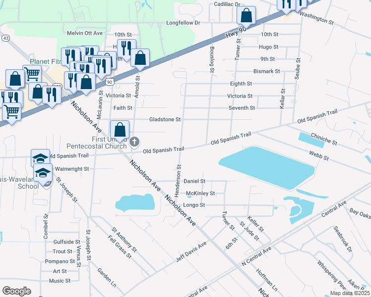 map of restaurants, bars, coffee shops, grocery stores, and more near 101 Old Spanish Trail in Bay St. Louis