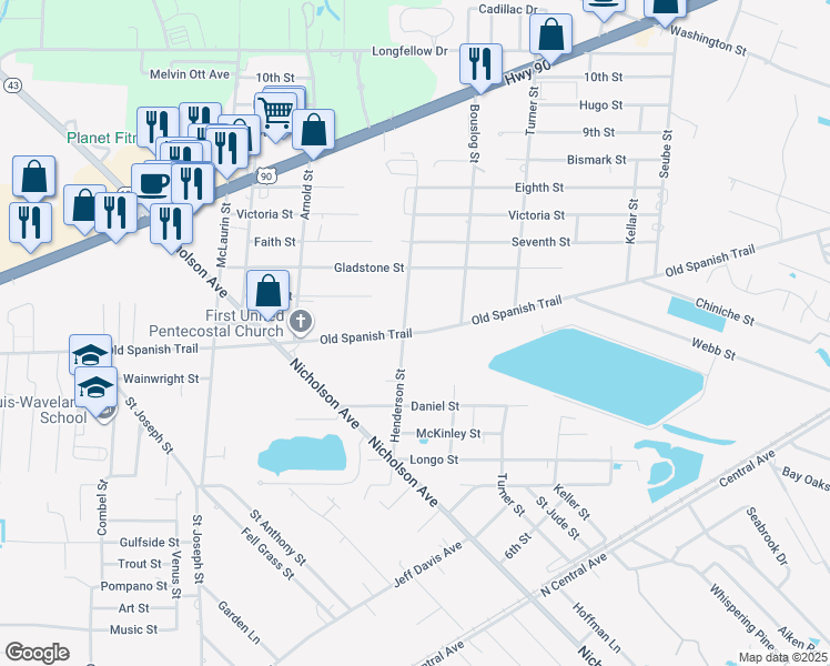 map of restaurants, bars, coffee shops, grocery stores, and more near 105 Old Spanish Trail in Waveland