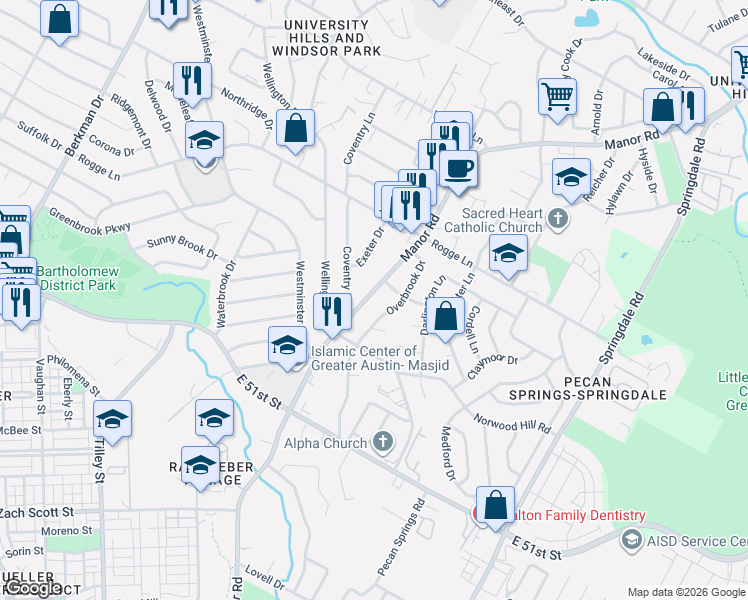 map of restaurants, bars, coffee shops, grocery stores, and more near 5501 Manor Road in Austin