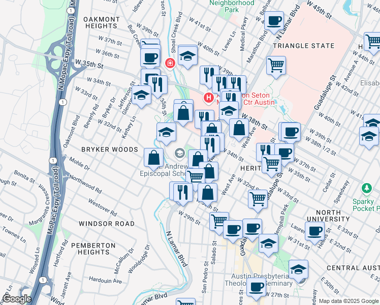 map of restaurants, bars, coffee shops, grocery stores, and more near 1101 West 33rd Street in Austin