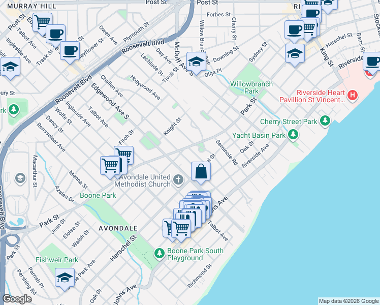 map of restaurants, bars, coffee shops, grocery stores, and more near in Jacksonville