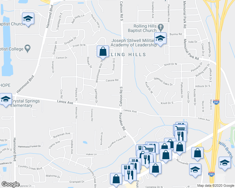 map of restaurants, bars, coffee shops, grocery stores, and more near 1182 Cahoon Road South in Jacksonville