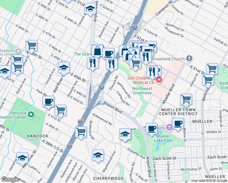 map of restaurants, bars, coffee shops, grocery stores, and more near 4510 Elwood Road in Austin