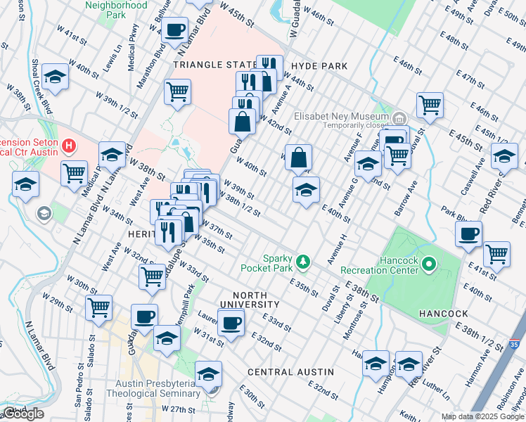 map of restaurants, bars, coffee shops, grocery stores, and more near 3905 Avenue C in Austin