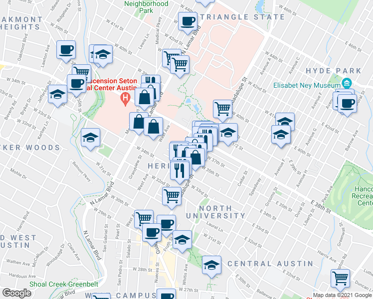 map of restaurants, bars, coffee shops, grocery stores, and more near 631 West 38th Street in Austin
