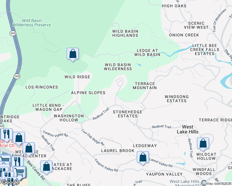 map of restaurants, bars, coffee shops, grocery stores, and more near 1104 Kennan Road in West Lake Hills