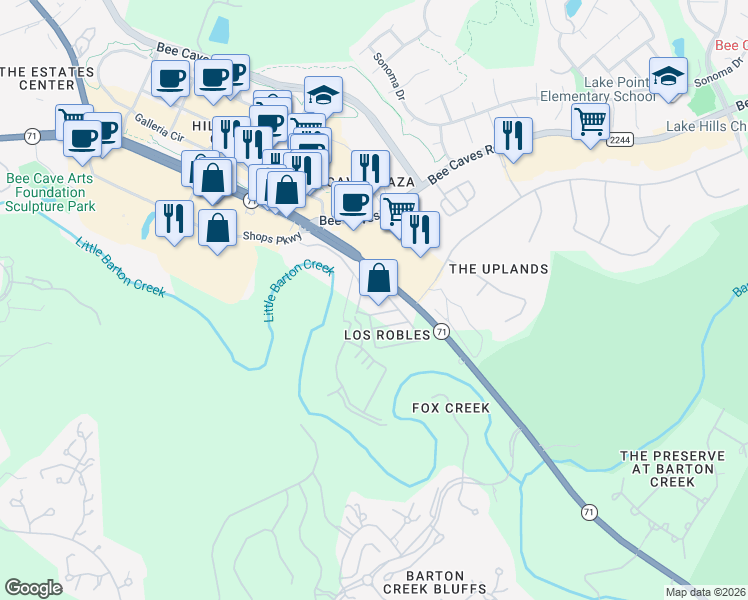 map of restaurants, bars, coffee shops, grocery stores, and more near 12535 Texas 71 in Bee Cave