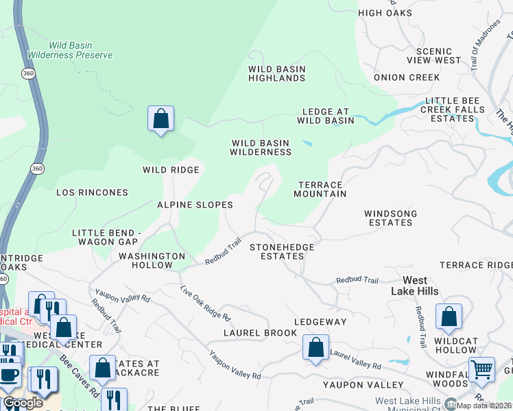 map of restaurants, bars, coffee shops, grocery stores, and more near 1104 Kennan Road in West Lake Hills