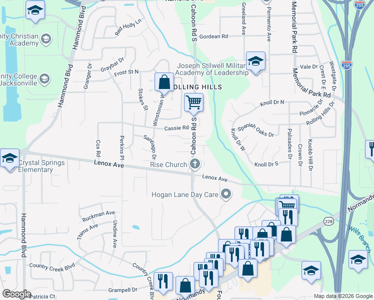 map of restaurants, bars, coffee shops, grocery stores, and more near 1182 Cahoon Road South in Jacksonville