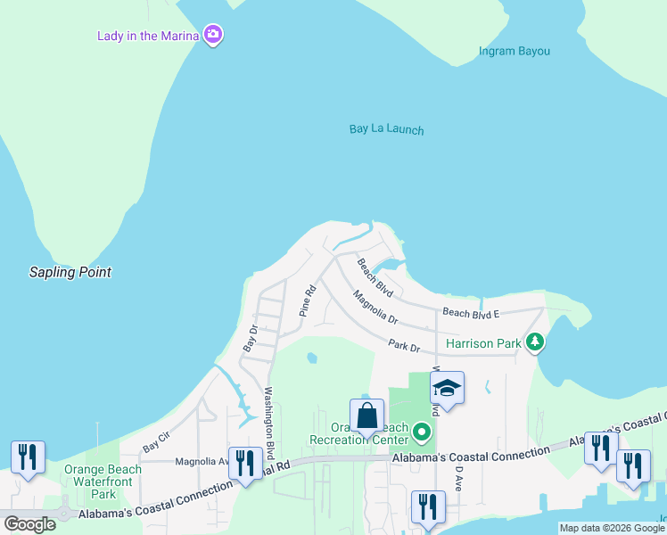 map of restaurants, bars, coffee shops, grocery stores, and more near 5370 Magnolia Circle in Orange Beach