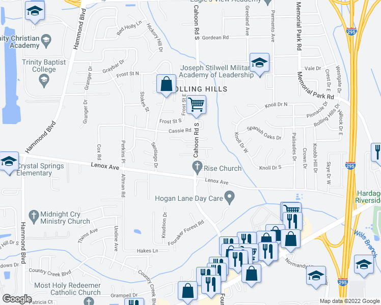 map of restaurants, bars, coffee shops, grocery stores, and more near 8125 Cahoon Drive West in Jacksonville