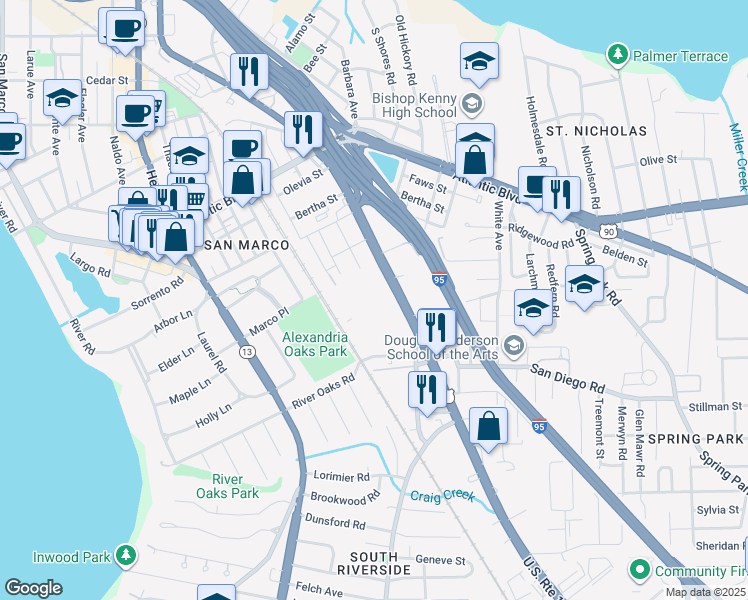 map of restaurants, bars, coffee shops, grocery stores, and more near 1905 Promenade Way in Jacksonville