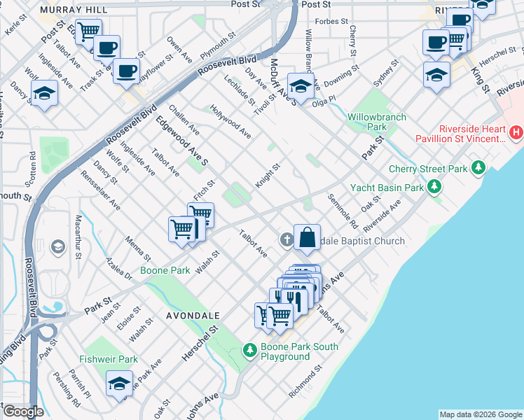 map of restaurants, bars, coffee shops, grocery stores, and more near 1475 Edgewood Circle in Jacksonville