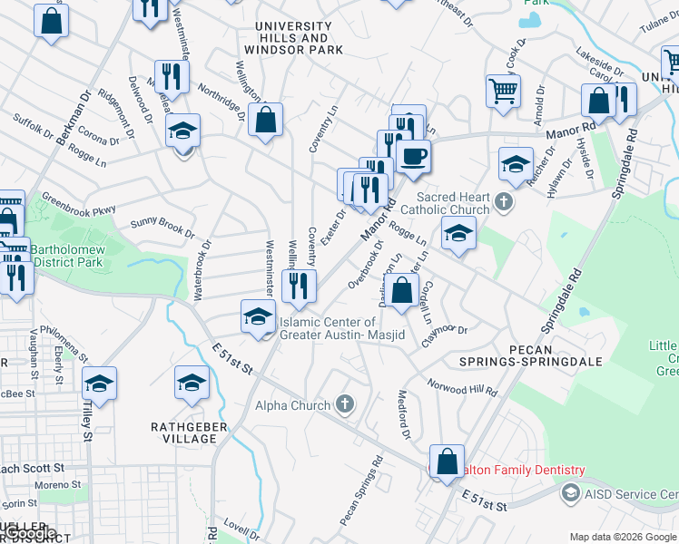 map of restaurants, bars, coffee shops, grocery stores, and more near 5507 Manor Road in Austin