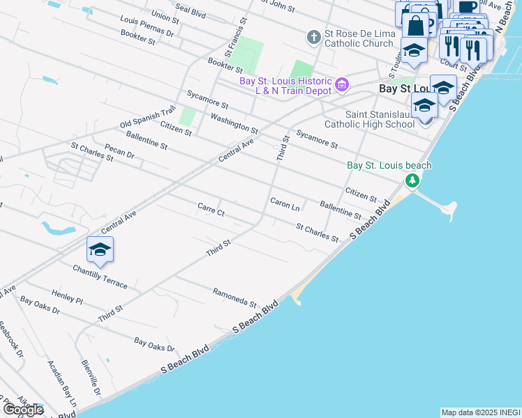 map of restaurants, bars, coffee shops, grocery stores, and more near 203 Saint Charles Street in Bay St. Louis