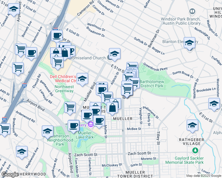 map of restaurants, bars, coffee shops, grocery stores, and more near 2401 Aldrich Street in Austin