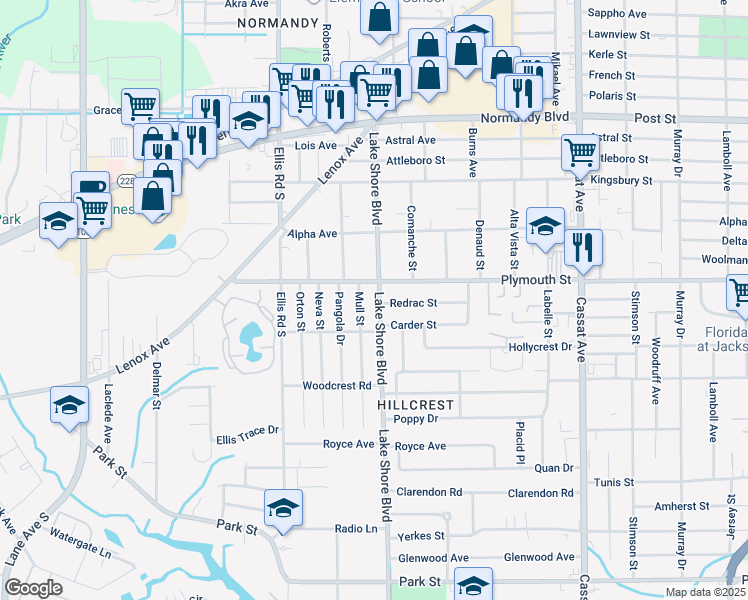 map of restaurants, bars, coffee shops, grocery stores, and more near 5406 Plymouth Street in Jacksonville