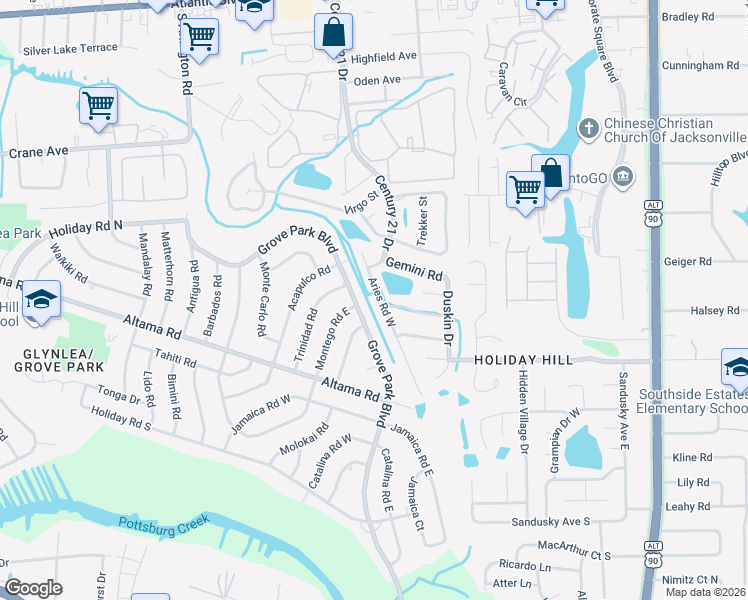 map of restaurants, bars, coffee shops, grocery stores, and more near 801 Grove Park Boulevard in Jacksonville