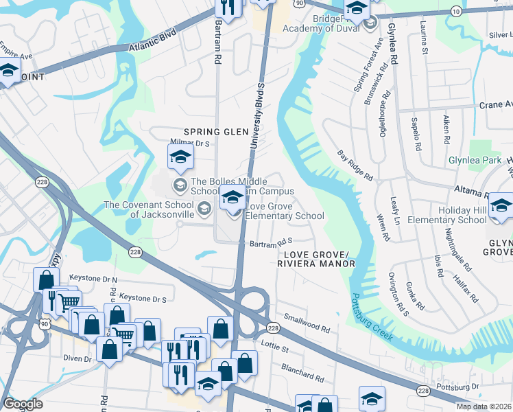 map of restaurants, bars, coffee shops, grocery stores, and more near 2413 Buttonwood Drive in Jacksonville