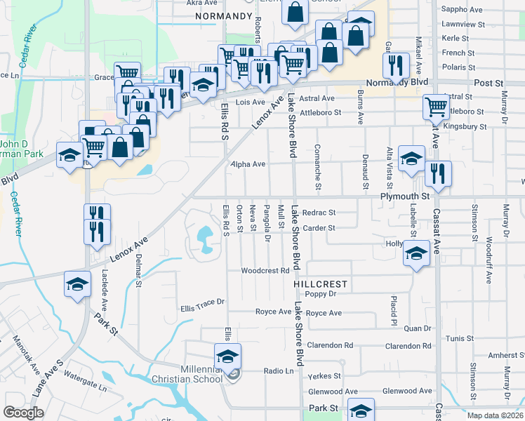 map of restaurants, bars, coffee shops, grocery stores, and more near 5512 Plymouth Street in Jacksonville
