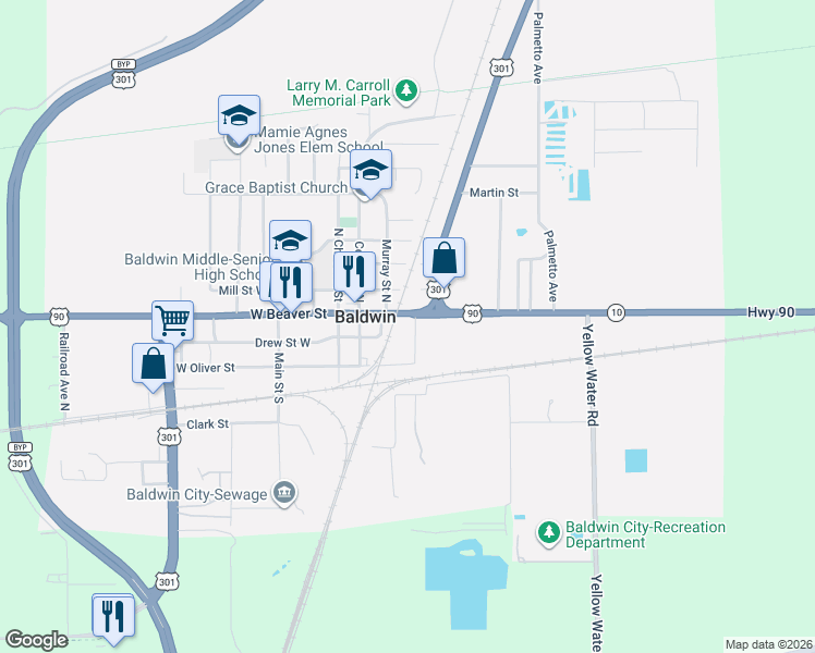 map of restaurants, bars, coffee shops, grocery stores, and more near 225 U.S. 90 in Baldwin