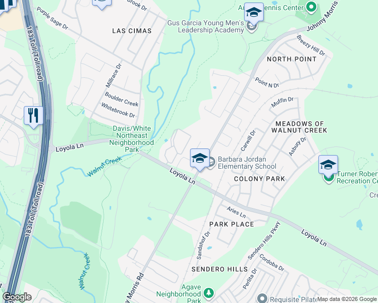 map of restaurants, bars, coffee shops, grocery stores, and more near 6700-6910 Johnny Morris Road in Austin
