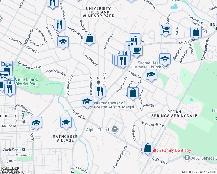 map of restaurants, bars, coffee shops, grocery stores, and more near 5411 Coventry Lane in Austin