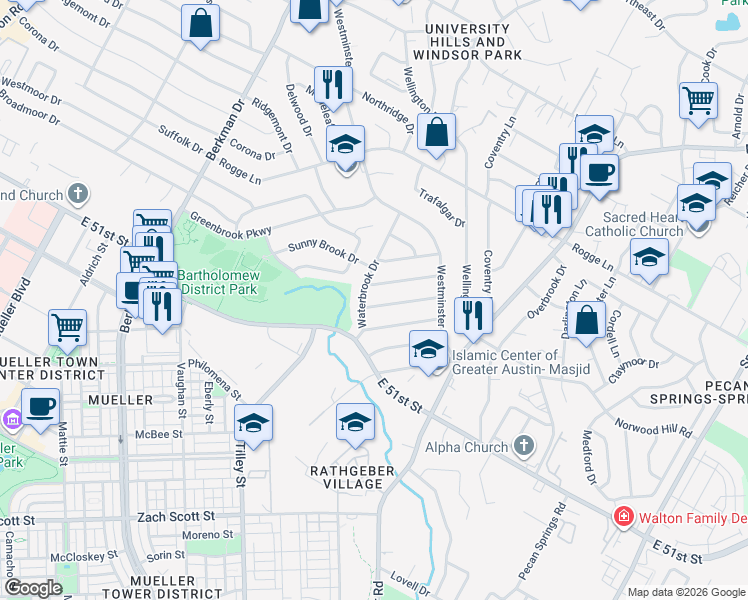 map of restaurants, bars, coffee shops, grocery stores, and more near 5207 Robinsdale Lane in Austin