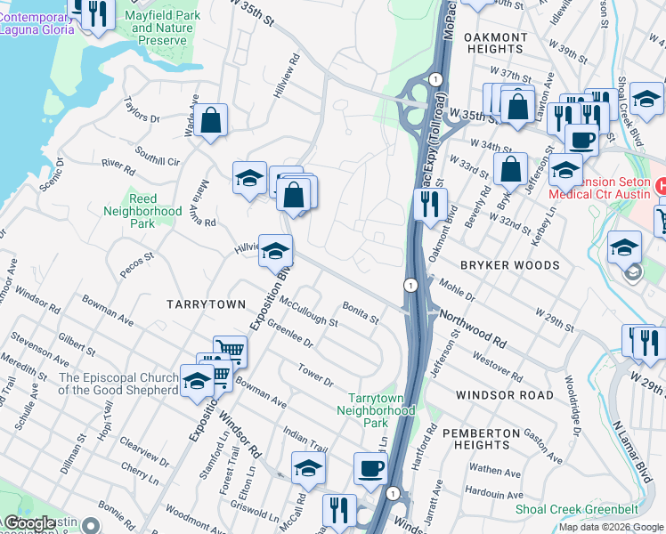 map of restaurants, bars, coffee shops, grocery stores, and more near 2600 Westover Road in Austin