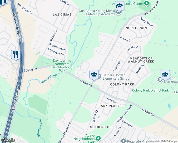 map of restaurants, bars, coffee shops, grocery stores, and more near 6700-6910 Johnny Morris Road in Austin