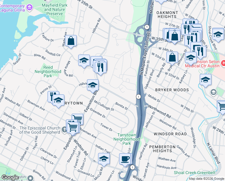 map of restaurants, bars, coffee shops, grocery stores, and more near 2600 Westover Road in Austin