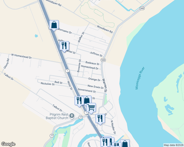 map of restaurants, bars, coffee shops, grocery stores, and more near McDuffie Street in Plaquemine