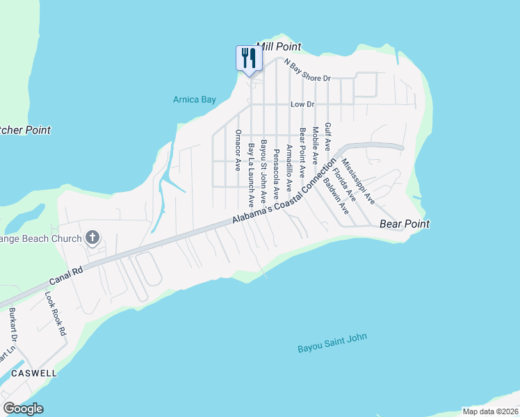map of restaurants, bars, coffee shops, grocery stores, and more near 5295 Bayou Saint John Avenue in Orange Beach