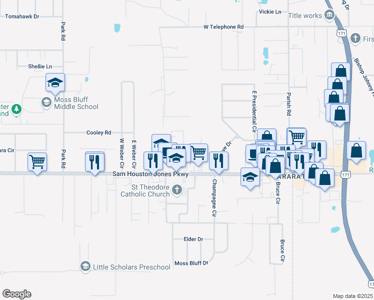 map of restaurants, bars, coffee shops, grocery stores, and more near 137 Farquar Lane in Lake Charles