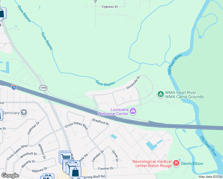 map of restaurants, bars, coffee shops, grocery stores, and more near 513 Dockside Drive in Slidell