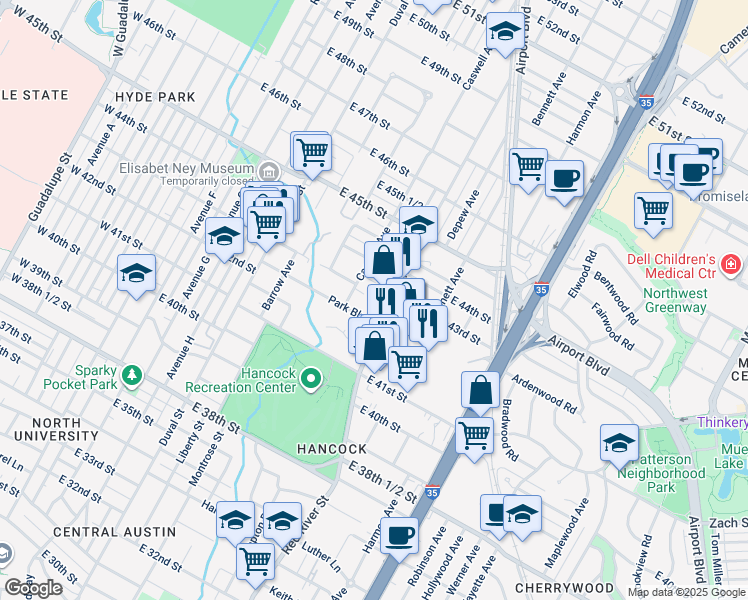 map of restaurants, bars, coffee shops, grocery stores, and more near 4210 Red River Street in Austin