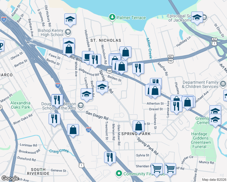 map of restaurants, bars, coffee shops, grocery stores, and more near 2231 Spring Park Road in Jacksonville