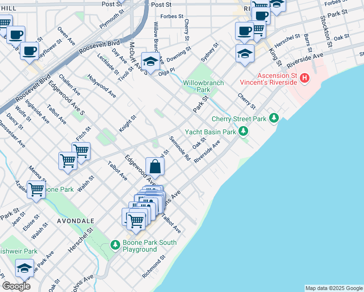 map of restaurants, bars, coffee shops, grocery stores, and more near 3220 Herschel Street in Jacksonville