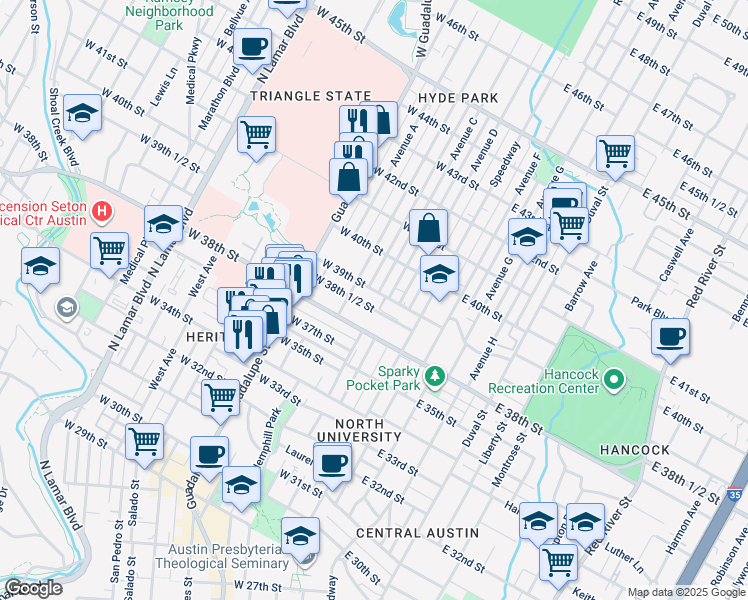 map of restaurants, bars, coffee shops, grocery stores, and more near 209 West 39th Street in Austin