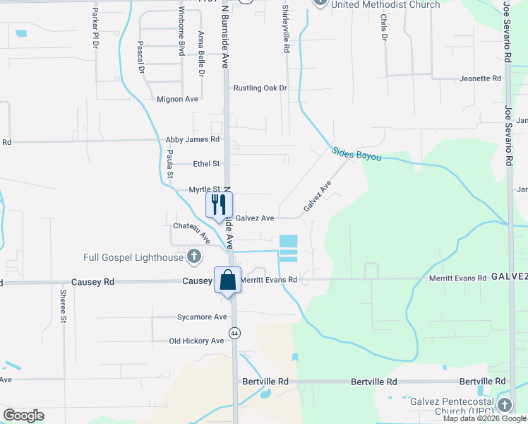 map of restaurants, bars, coffee shops, grocery stores, and more near 41077 Fields Court in Prairieville