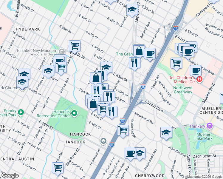 map of restaurants, bars, coffee shops, grocery stores, and more near 1006 East 44th Street in Austin