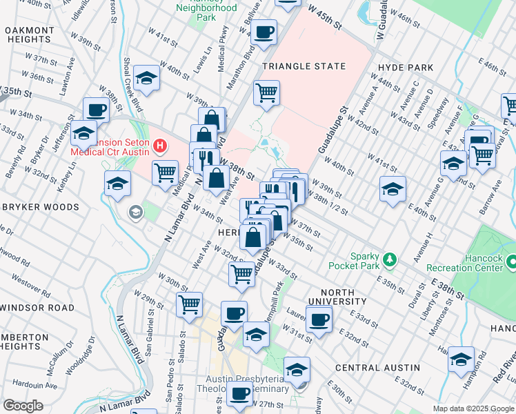 map of restaurants, bars, coffee shops, grocery stores, and more near 619 West 37th Street in Austin