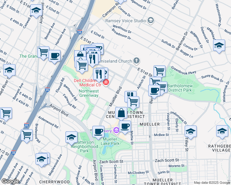 map of restaurants, bars, coffee shops, grocery stores, and more near 4900 Mueller Boulevard in Austin